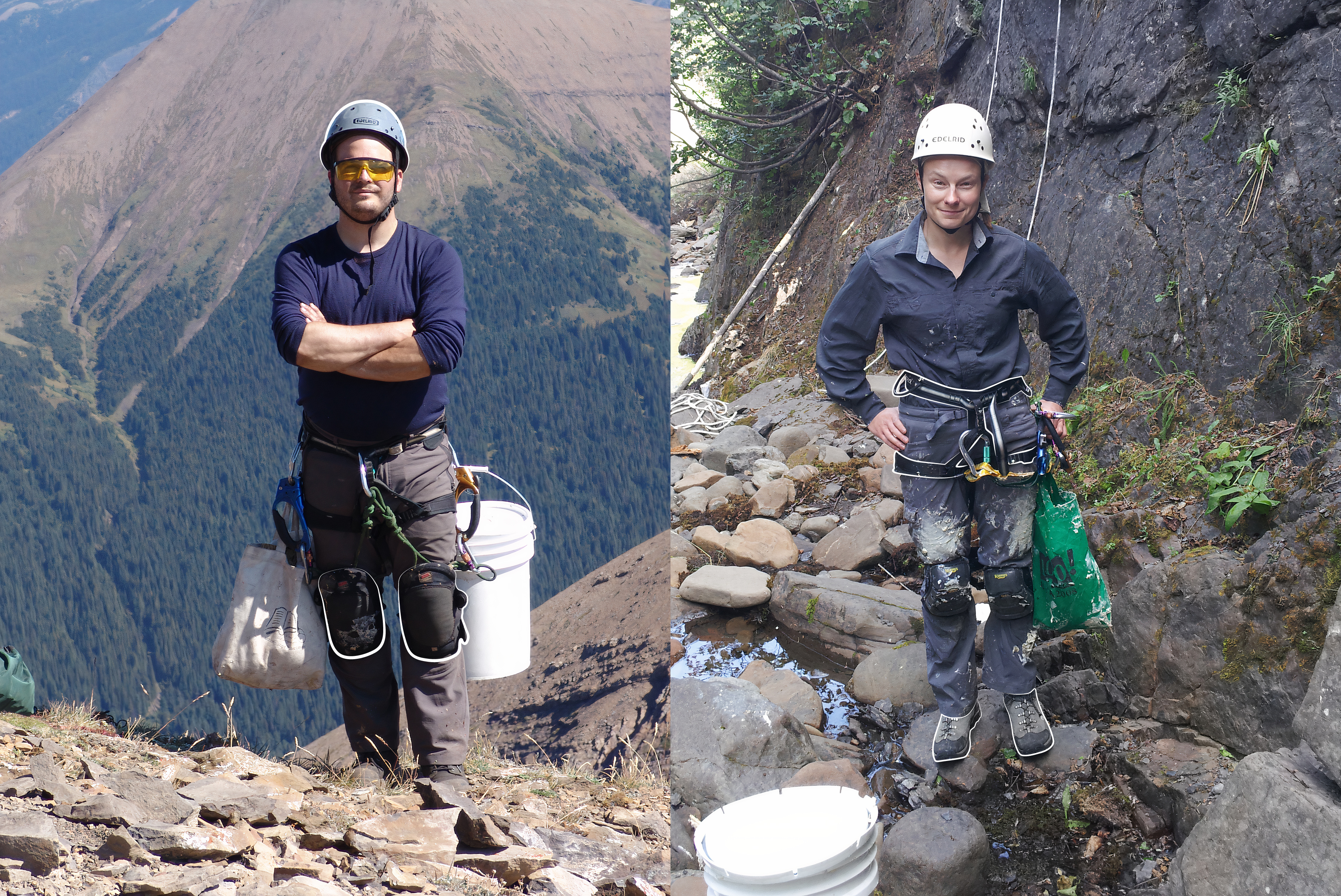 A man and a woman are both posing while dressed in climbing safety gear. This includes helmets, knee pads, harnesses, and boots.