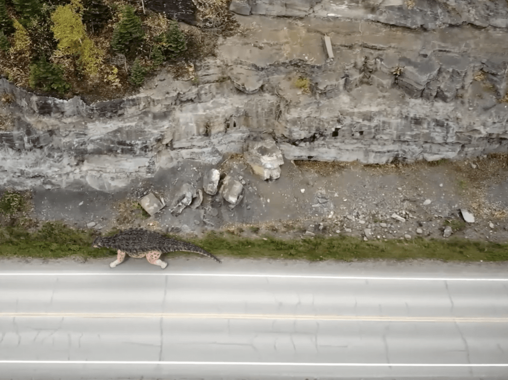 Un dinosaure quadrupède vu de haut avec des pattes roses et un dos gris blindé marche le long d'une route à deux voies.