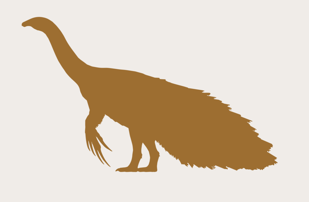 The silhouette of a therizinosaur, a dinosaur with very long claws on its forelimbs and a thickly feathered tail, standing on its back legs.